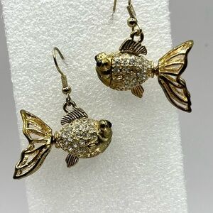 Gold Tone Crystal Fish Earrings with Whimsical Design 3 D Hook Earrings